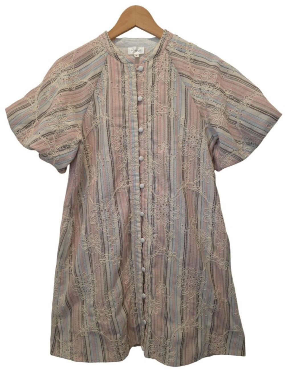 LOVELO Pastel Striped Floral Embroidered Short-Sleeve Button-Down Dress Sz S